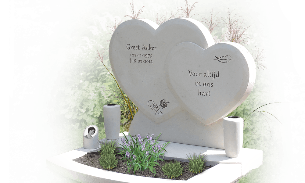grafsteen hartvorm wit licht natuursteen met grafvazen en porseleinen foto