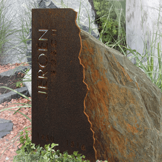 natuurlijke grafsteen inspiratietuin cortenstalen letterplaat voor steen