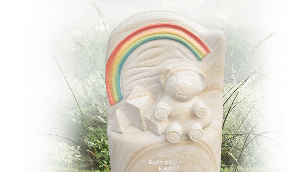 grafzerken kinderen natuursteen met regenboog en beertje