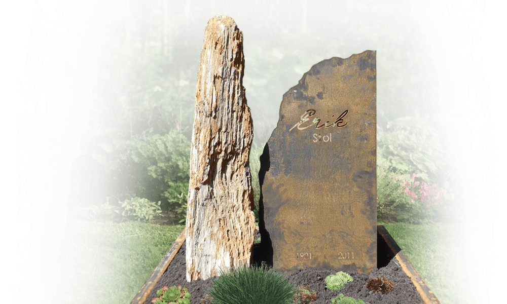versteend hout grafsteen zuil belettering cortenstaal