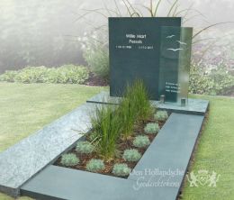 Eigentijds grafmonument van groen natuursteen