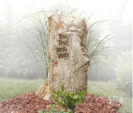 Grafmonument versteend hout met bronzen belettering