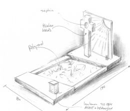 Schets gedenkmonument met houten kruis en glasplaat