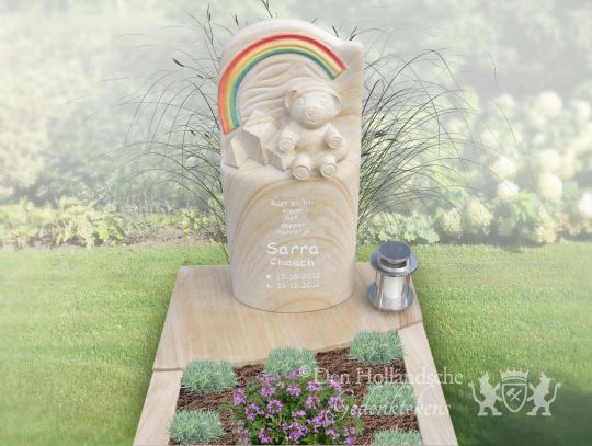 Zandkleurige kindergrafsteen met regenboog
