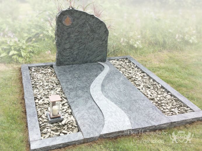 Dubbel grafmonument met ruwe steen en rivier foto 1