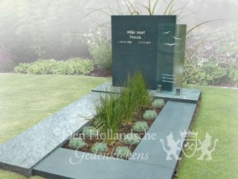 Eigentijds grafmonument van groen natuursteen