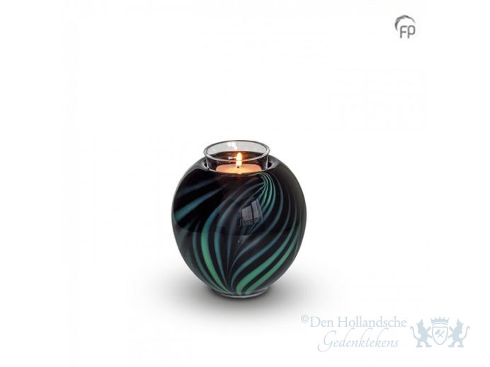 Glazen kaarsenhouder mini urn zwart groen bolvormig foto 1