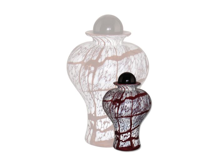 Glazen mini urn in bordeauxrood en wit foto 1