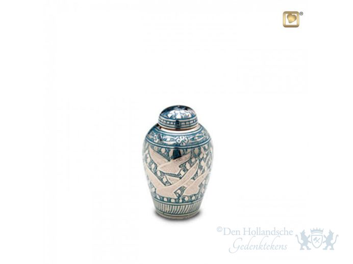 Messing mini urn blauw met decoratie foto 1