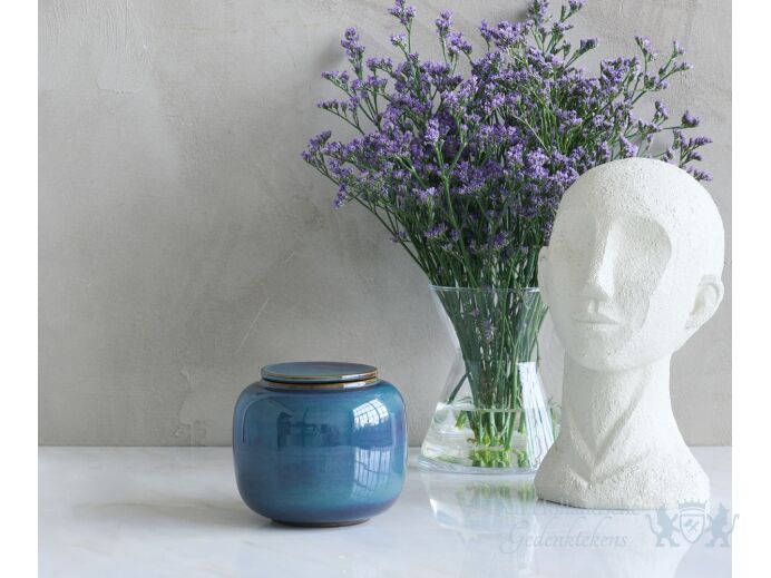 SERES klein &ndash; handgemaakte urne in groen &amp; blauw keramiek foto 1