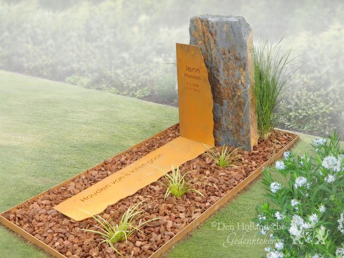 Natuurlijke grafsteen met cortenstalen rand foto 1
