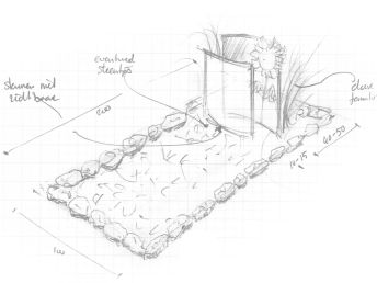 Schets grafsteen met keien en twee glasplaten