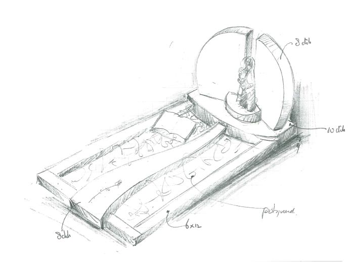 Schets grafsteen met rivier en bronzen beeld foto 1
