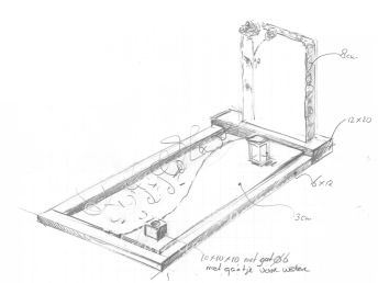 Schets ruwe grafsteen met uitgehakte rozen