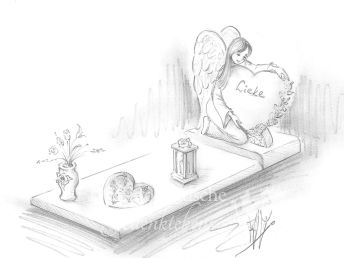 Schetsontwerp hart met Engel op grafsteen