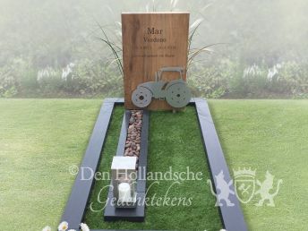 Teakhouten grafmonument met RVS-tractor