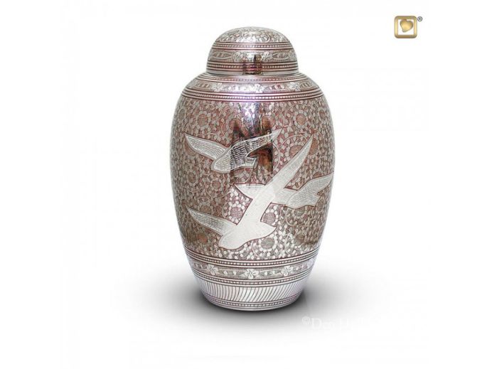 Messing urn met vogel decoratie, zilver met rood foto 1