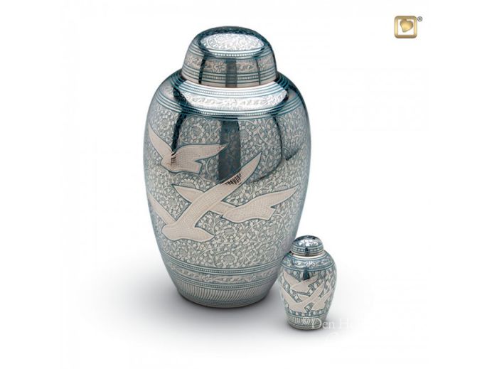 Messing urn vogel, lichtblauw foto 1