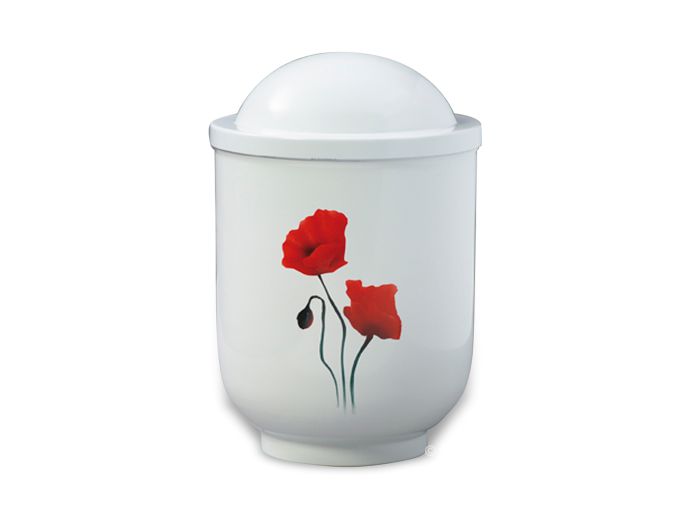 Witte aluminium urn met rode bloemen foto 1