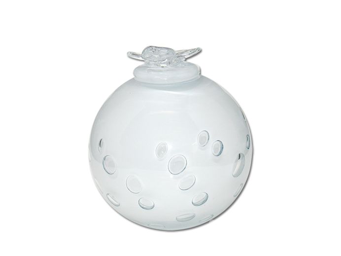 Witte glazen urn met vogel foto 1