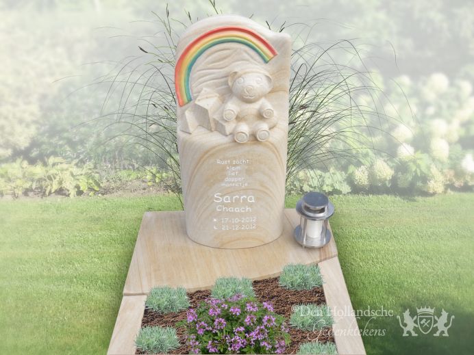 Zandkleurige kindergrafsteen met regenboog foto 1